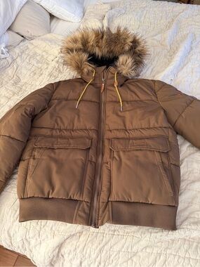 H&M Men's Tan Brown Puffer Jacket with Faux Fur Hood